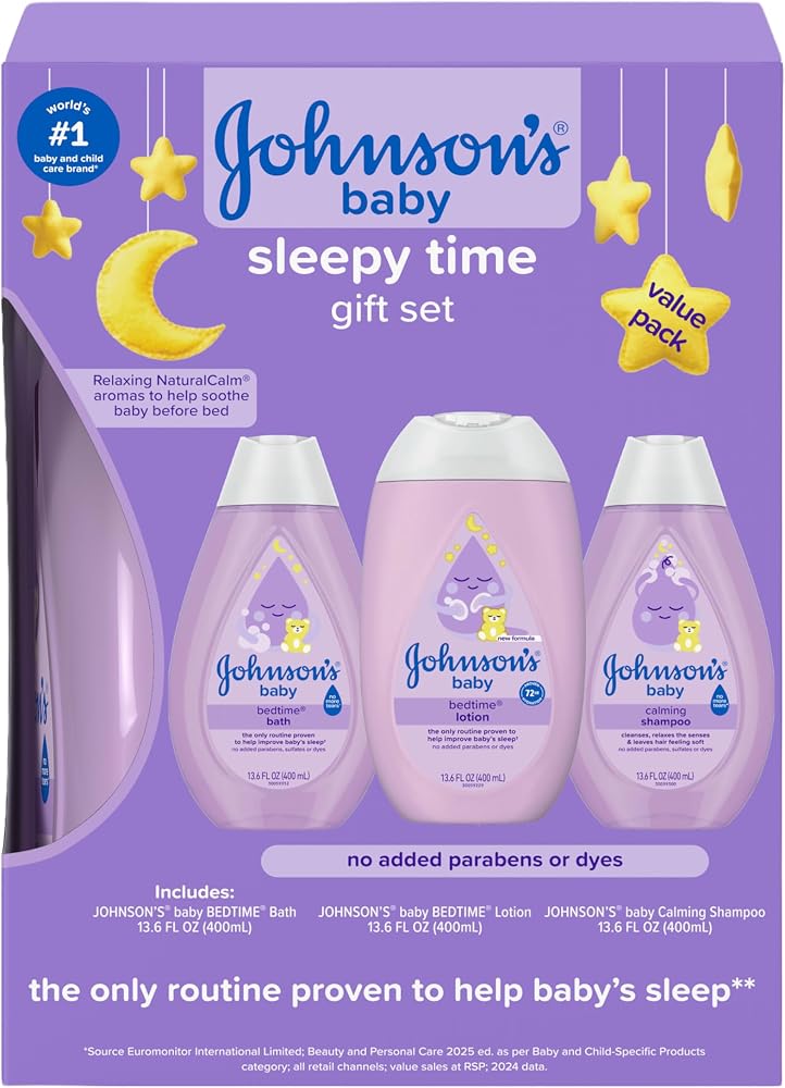 Johnson's Baby Sleepy Time Gift Set, 3 Items | Bedtime Bath, Bedtime Lotion, & Calming Shampoo Gift Set with NaturalCalm Arom