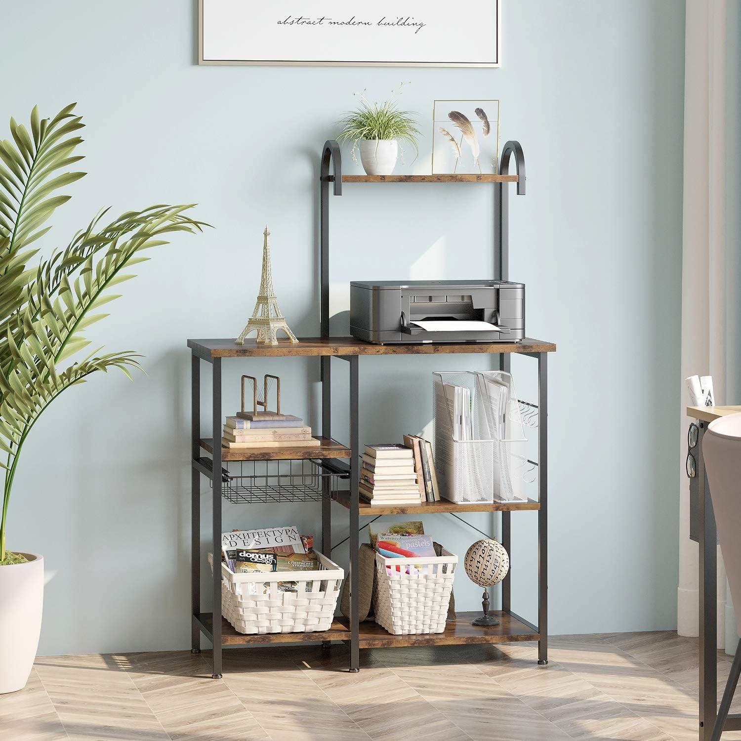 ODK Kitchen Bakers Rack, Utility Storage Shelf Microwave Oven Stand, 3-Tier+4-Tier Coffee Bar Table with 10 S-Shape Hooks, for Spice Rack Organizer Workstation, Metal Frame, Vintage Brown - Standing Baker's Racks