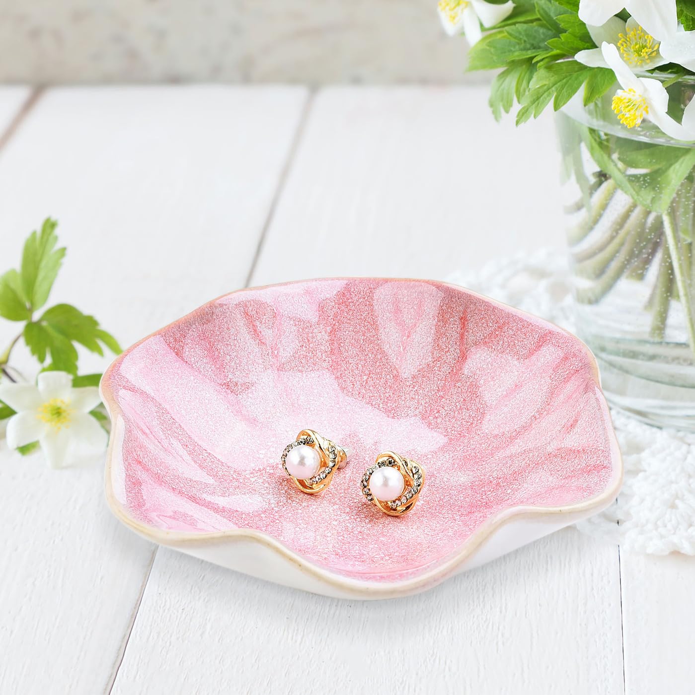 Photo 1 of 1pcs Pink Lotus Leaf Shape Decorative Ring Tray, Small Key Bowl, Ceramic Jewelry Dish Organizing Necklace Earrings for Mom Best Friend Sister
