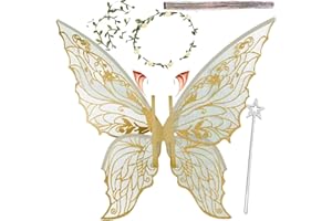 TORAJIRO Fairy Wings for Adults and Girls，Fairy Costume Set with Floral Garland, Fairy Hair Tinsel, Wand & Elf Ears – 29"x21" Organza Butterfly Wings – Ideal for Cosplay, Party, Gold