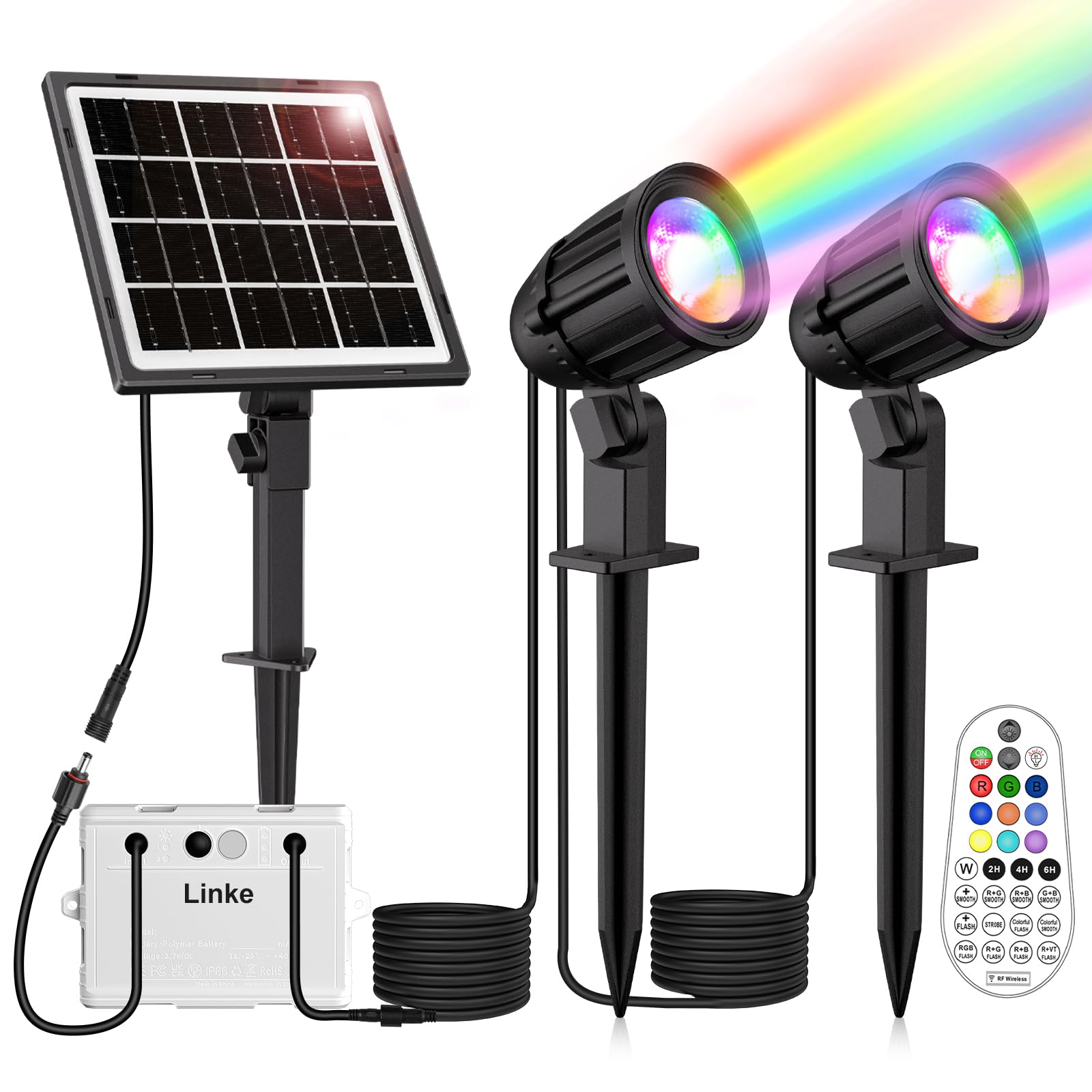 Linke Solar Spot Lights Outdoor Garden, 2 in 1 RGB Colour Changing Solar Landscape Spotlights with Remote Control, Dusk to Dawn Wall Lights IP66 for Garden Path Patio Tree Fence Statue