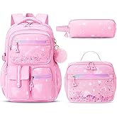 Fimibuke Backpack for Girls, 3 PCS Waterproof Kids Backpack with Lunch Box & Pencil Case Set, Cute Travel Bookbag School Bag for Kindergarten Elementary Middle High School Student Toddler Kids Teens