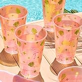 xo, Fetti Pink Tropical Vacation Plastic Cups | 16 pcs 17 oz | Iridescent Summer Drinkware, Flamingo Decorations, Palm Leaf Bachelorette Party Drinks, Birthday Supplies