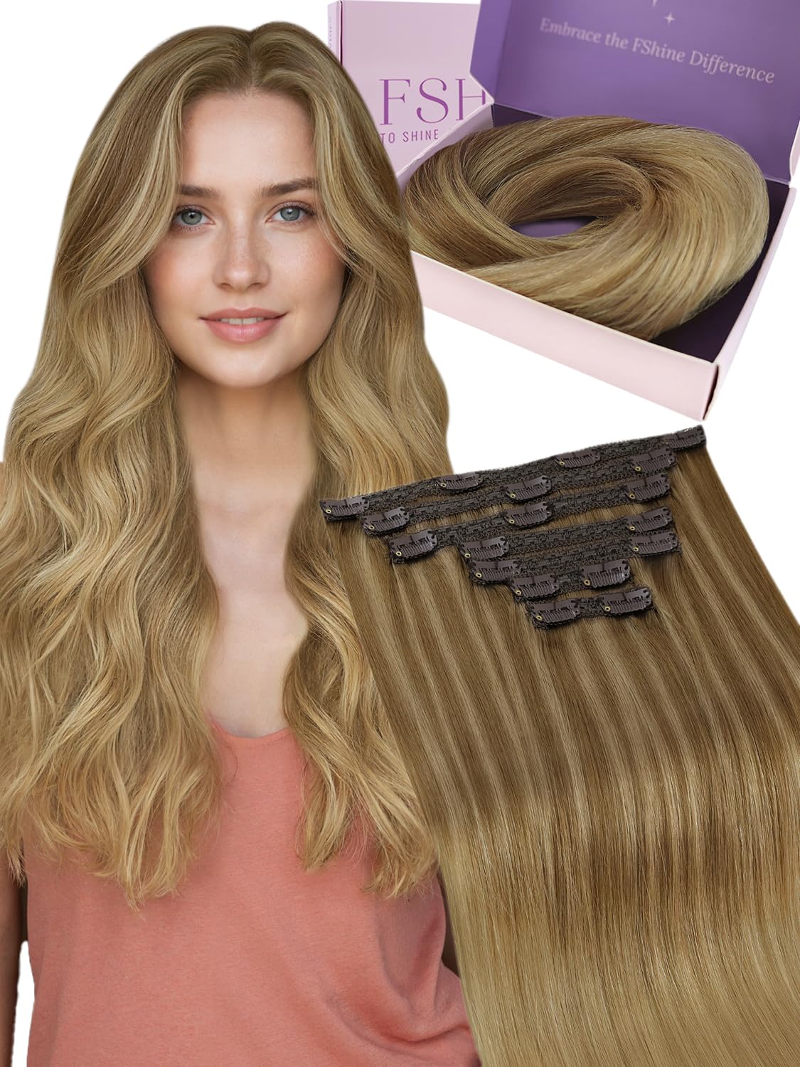 Fshine Clipin Double Weft Hair Extensions Light Blonde Fading to Ash Blonde, Human Hair, 14 Inch, 7 Pieces, 120g — image 1