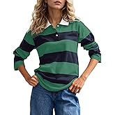 MISSACTIVER Womens Striped Polo Long Sleeve Shirts Color Block Lapel V Neck Workout Tops Fall Loose Rugby Tshirts Blouse Blue Green