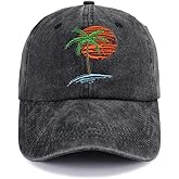 Summer Beach Sun Hat for Men Women, Tropical Themed Embroidered Adjustable Baseball Cap with Palm Tree and Sunset Design