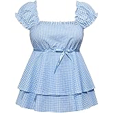 MakeMeChic Women's Y2K Cute Plaid Gingham Cap Sleeve Blouse Square Neck Tiered Ruffle Shirred Tops