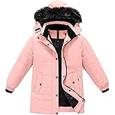 MoFiz Girls Warm Long Jacket Coat with Hood Kids Water-Resistant Fleece Lined Winter Outdoor Outwear Windbreaker with Pockets