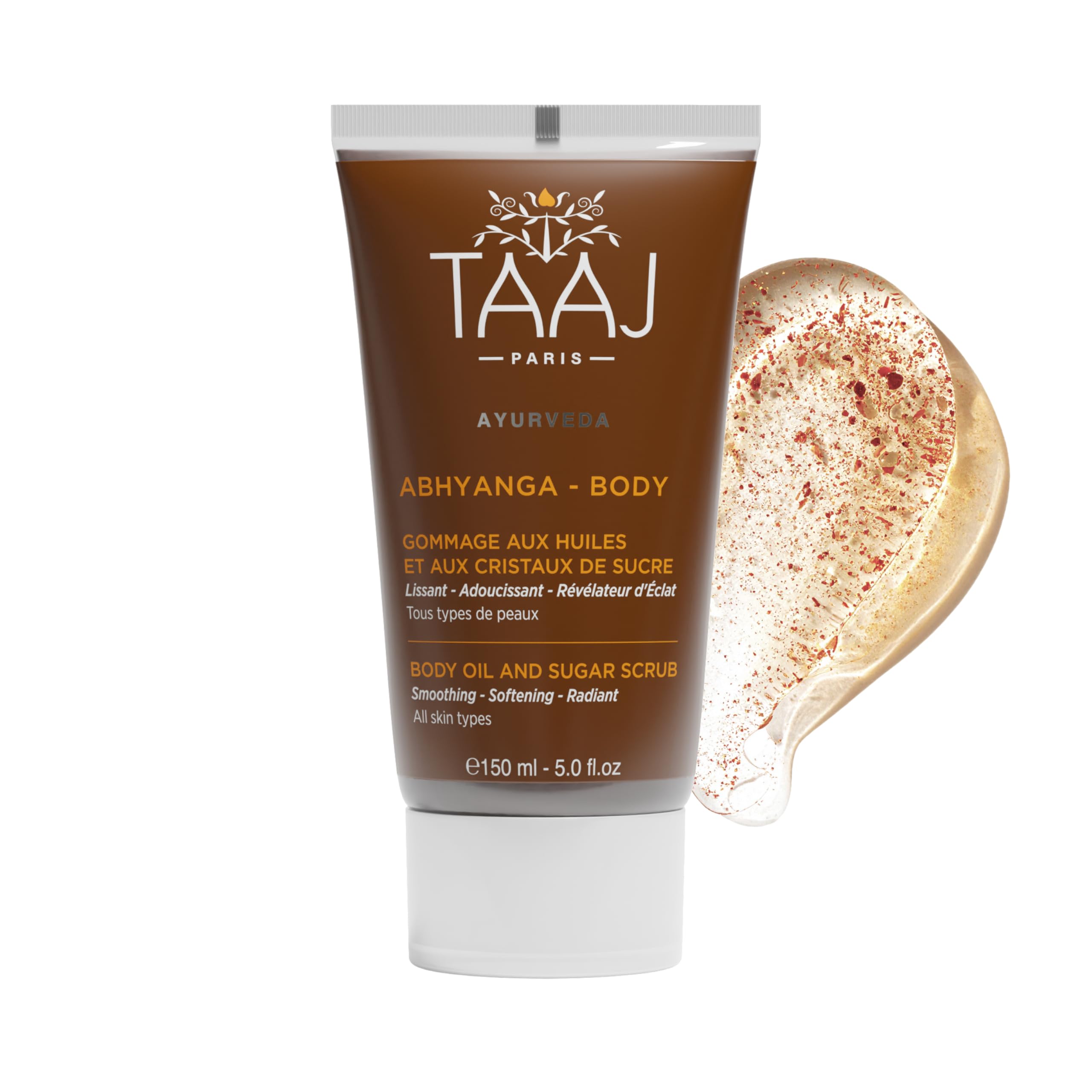 TAAJ | Exfoliation with oils and sugar crystals - ABHYANGA | Cleansing and exfoliation | Gentle exfoliation | Smoothing, softening, brightening | Smoother, softer, silkier skin | 150 ml