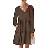 ANRABESS Womens Long Sleeve Dress 2026 Fall Casual V Neck Tiered Flowy Short Dresses Spring Beach Travel Vacation Clothes