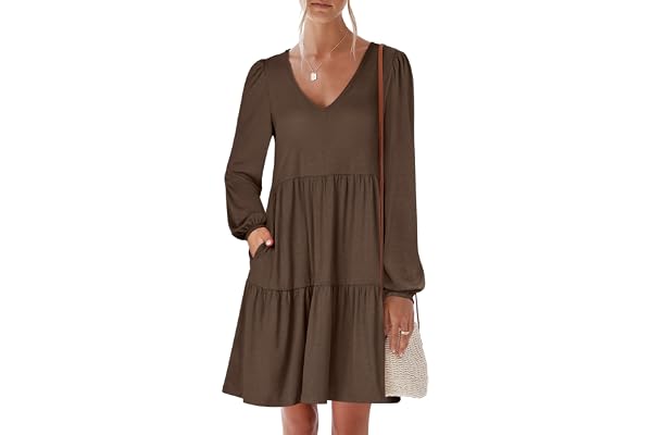ANRABESS Womens Fall Long Sleeve V Neck Casual Short Dress | Floral Tiered Flowy A-Line，Cute Shirt Mini Dresses，2026 Fall Fas