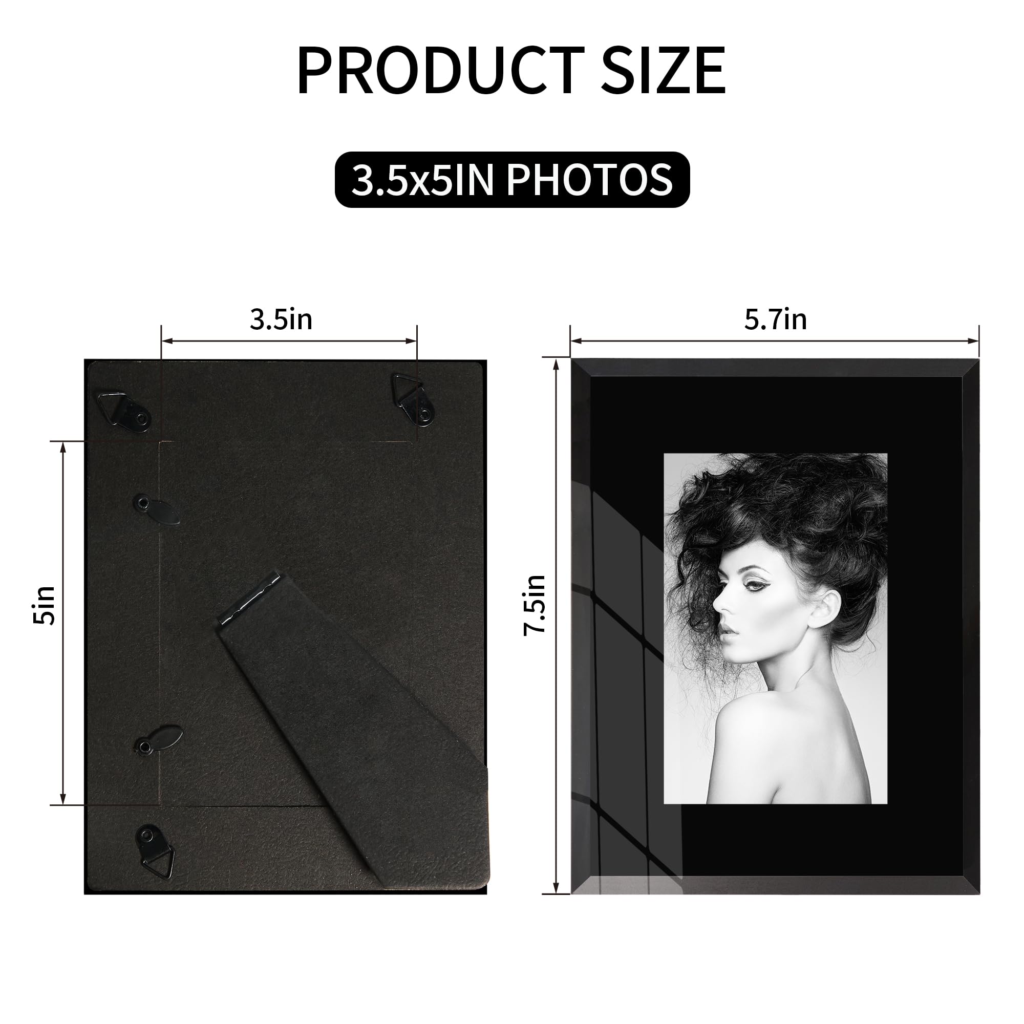 Flocey 3.5x5 Glass Picture Frame Set of 2, Black Photo Frame for Tabletop or Wall Display Vertically or Horizontally