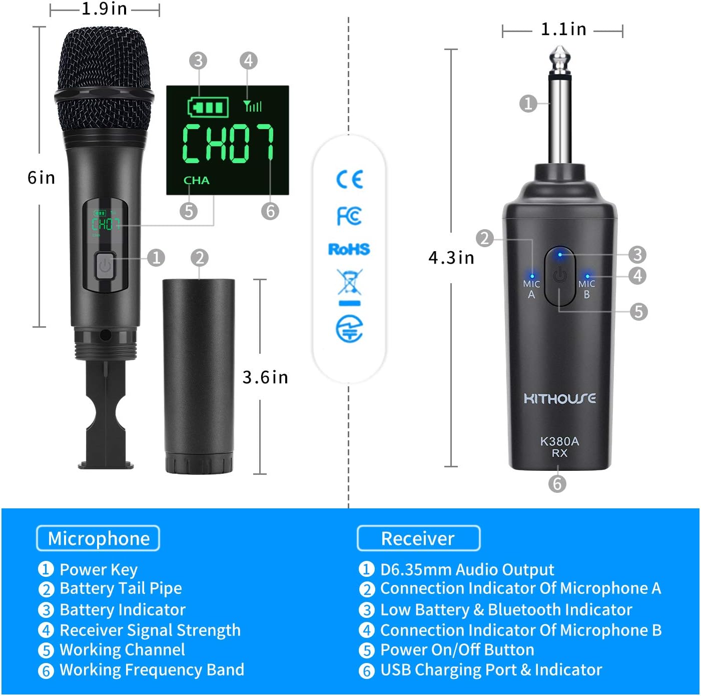 Kithouse K380A Wireless Microphone Karaoke Microphone Wireless Mic Dual With Rechargeable Bluetooth Receiver System Set - UHF Handheld Cordless Microphone For Singing Speech Church(Elegant Black): Musical Instruments
