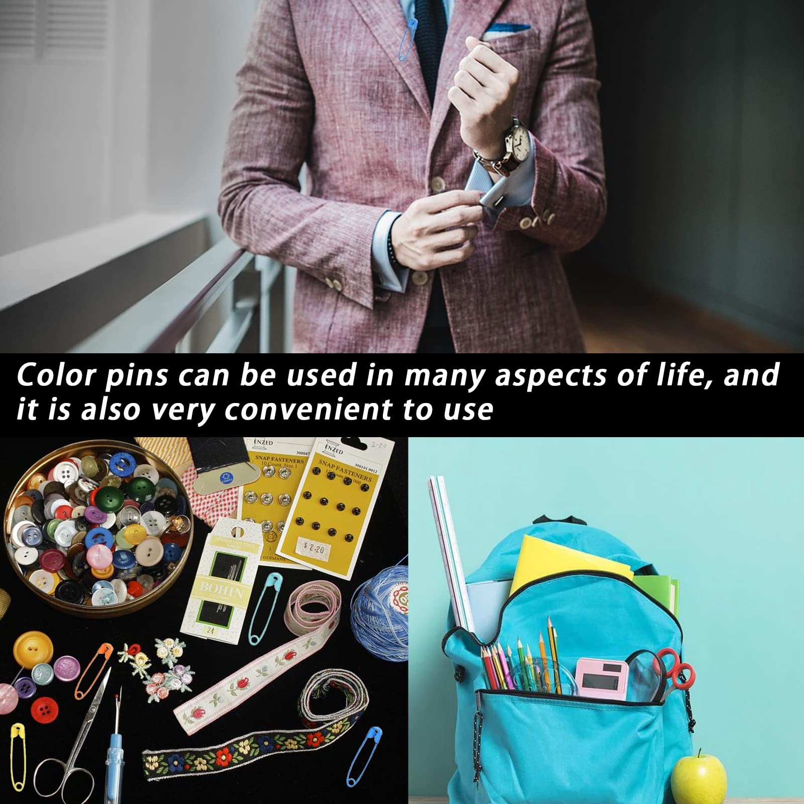 300Pcs Colored Safety Pins Bulk Sewing Pins Nickel-Plated Metal Safety Pins for Sewing, Art Craft, Jewelry Making, Knitting Stitch Marker（15 Colors, 32mm）