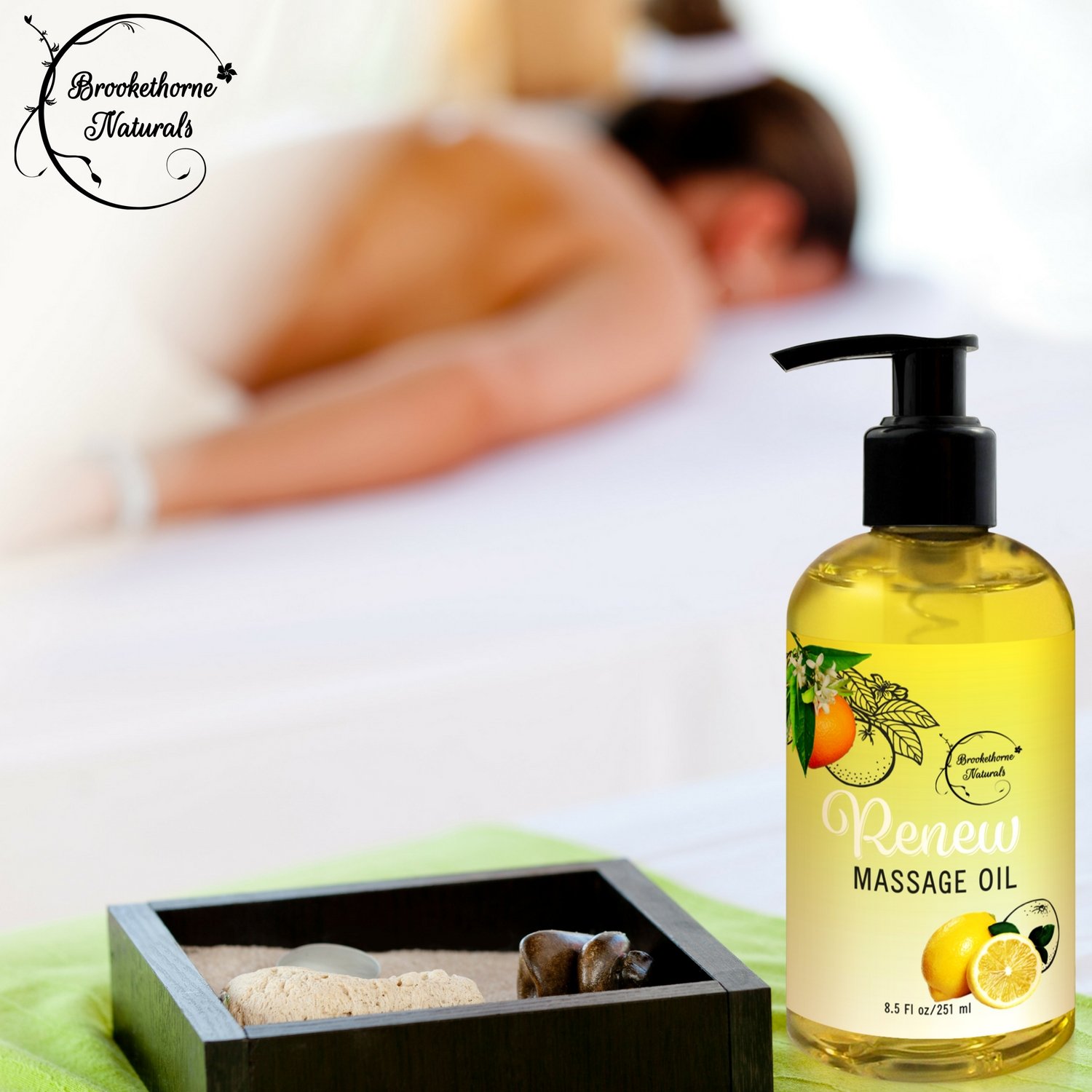 Renew Massage Oil with Orange, Lemon & Peppermint Essential Oils - Great for Massage Therapy or Home use. Ideal for Full Body – with Almond, Grapeseed & Jojoba Oils – By Brookethorne Naturals : Beauty