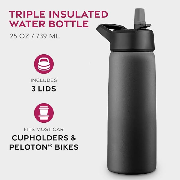 FINEDINE 25 OZ INSULATED WATER BOTTLE WITH STRAW – TRIPLE WALLED STAINLESS STEEL METAL BOTTLE W/ 3 LEAK PROOF LIDS – FOR TRAVEL, SCHOOL, SPORTS, GYM/MEN, WOMEN & KIDS – INKY RAVEN BLACK