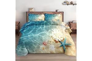 WeCozy 3 Pcs Queen Size Comforter Set with 2 Pillowcases, Summer Beach Sea Animal Seashell Soft Bedding Set for Kids and Adults Bedroom Bed Decor