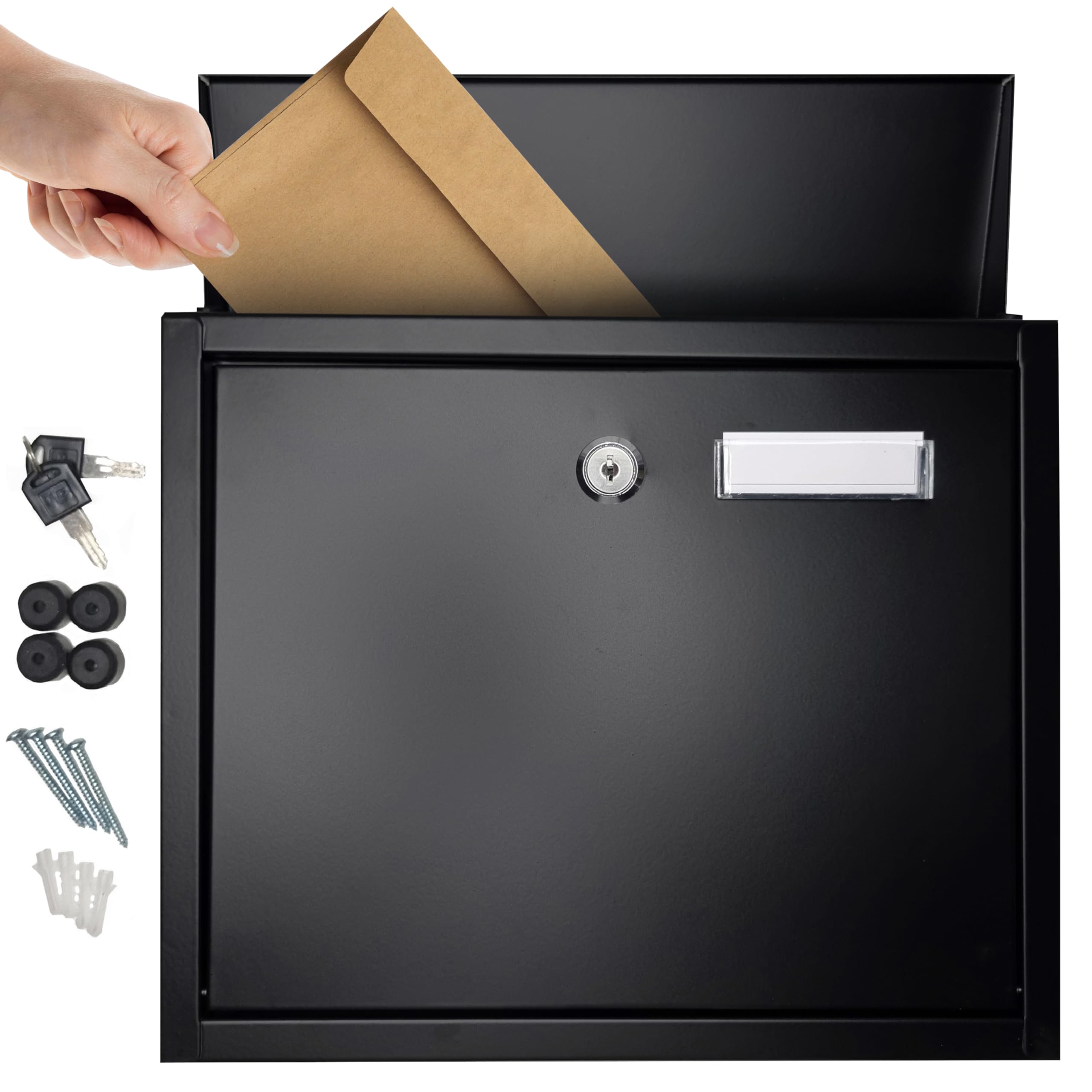 FURNISHED Wall Mounted Letter Box - Large Mail Outdoor Post Box Weather Resistant Postbox for Outside Wall Galvanized Steel Lockable Letterbox Top Loading Mailbox with Cylinder Lock, Black