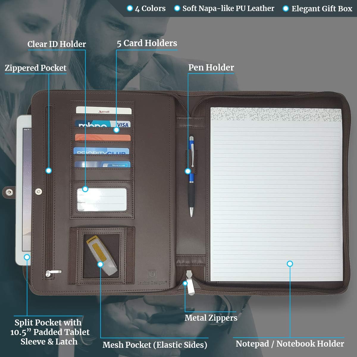 Dark Brown A4 Document Folder, PU Leather Conference Folder Portfolio, Zippered Organiser for Men & Women with A4 Notepad - Image 3