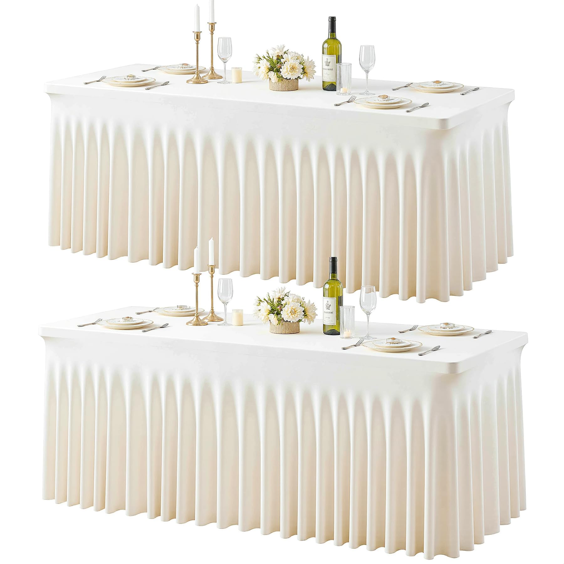Photo 1 of 2 Pack 6ft Ivory Spandex Table Cloths for Rectangle Tables Wrinkle Free Ivory Rectangle Tablecloths Stretch Fitted 6 foot Table Cover with Skirt for Wedding Birthday Party Banquet Baby Shower Buffet