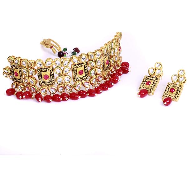Crunchy Fashion Bollywood Grey & Gold Pearl Necklace Set - Traditional Indian Wedding Jewelry - View #7