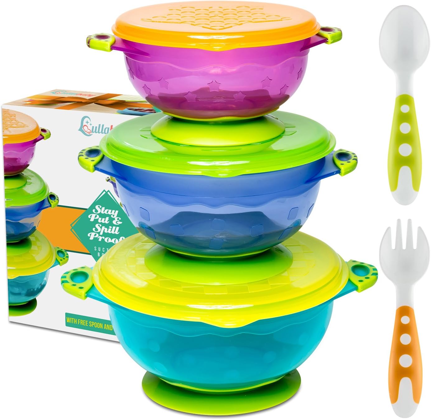 Stay Put Baby Bowls Spill Proof Suction Toddler Bowls Feeding Set- Bonus Spoon and Fork 3 Sizes of Bowls, and Snap Tight Lids, Perfect To Go Storage FDA Approved BPA Free, Best Snack Bowl