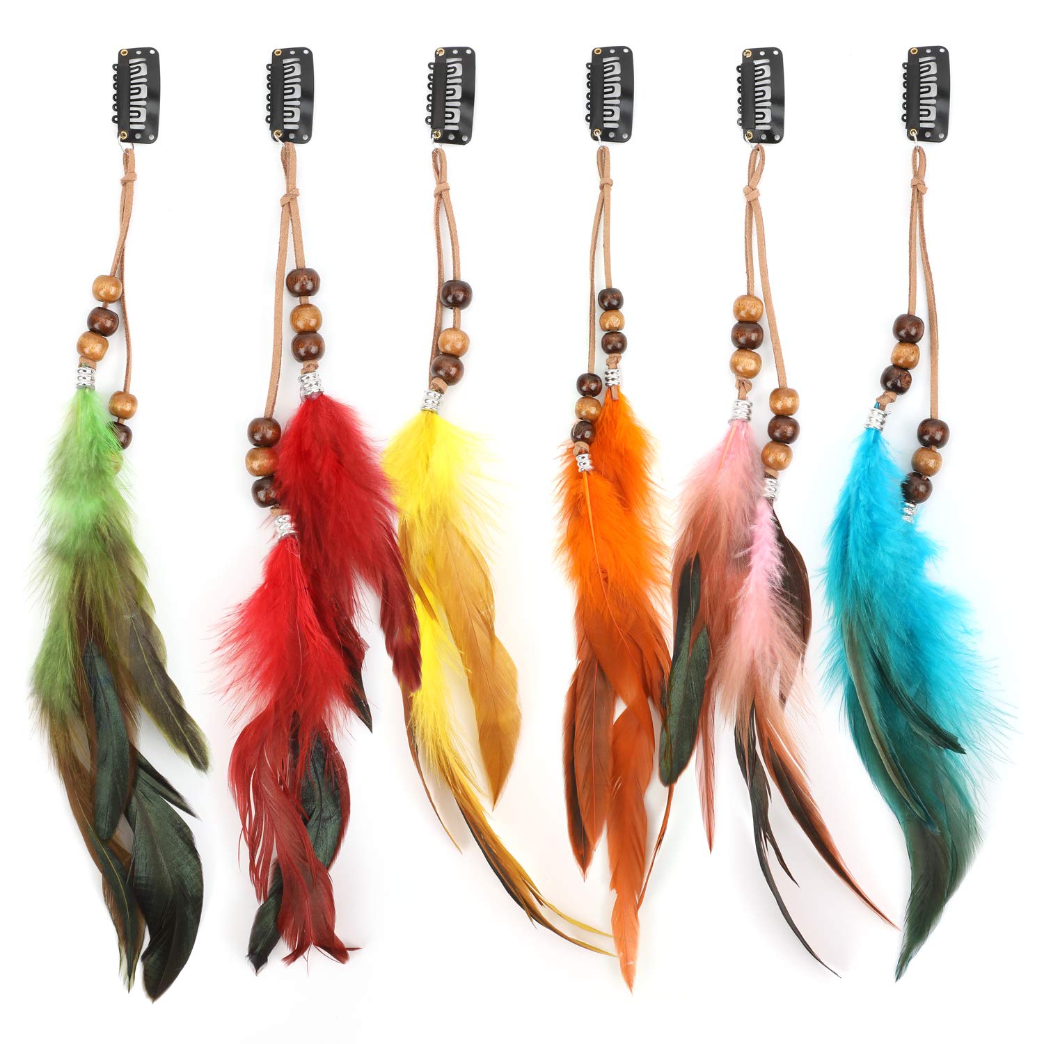 MWOOT 6Pcs Clip in Feather Hair Extension, Feather Extension, Women Halloween Costume Hair Accessories, Bohemian Hippie Hair Clips, Cosplay Native Tribal Feather Braided Beads Headdress