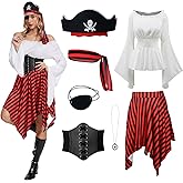 Gumyawl 7 Pcs Women Pirate Costume Renaissance Shirt Medieval Dress with Compass Necklace Medieval Pirate Set