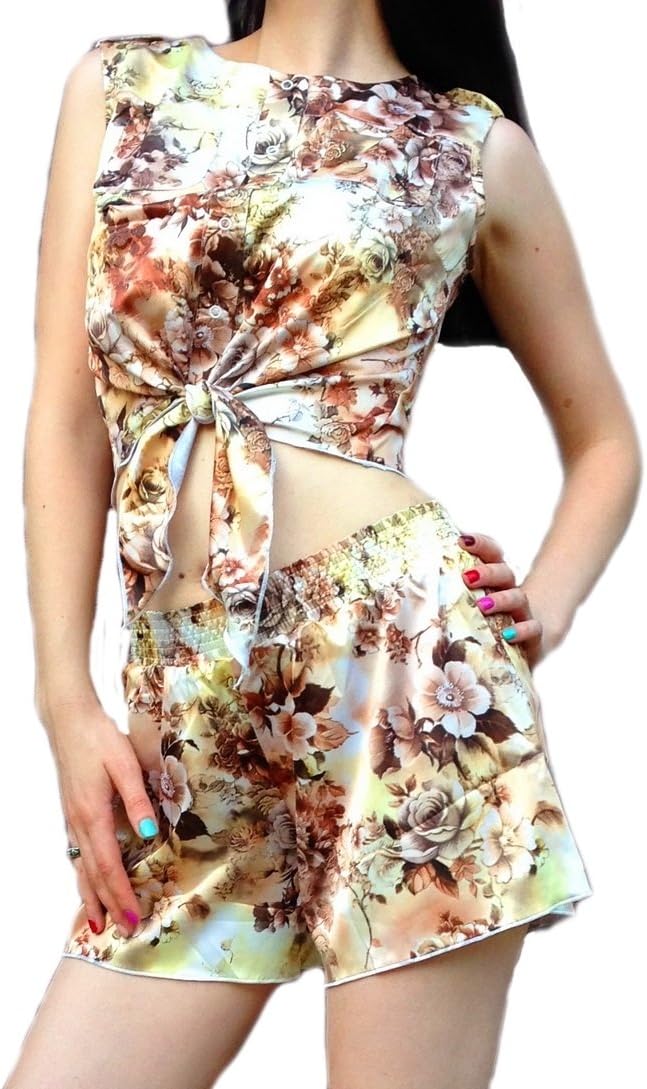 Van Gils Women Romper Jumpsuit Shorts Top Shirt Set Costume Floral Pattern Flowers Roses (XXXL)
