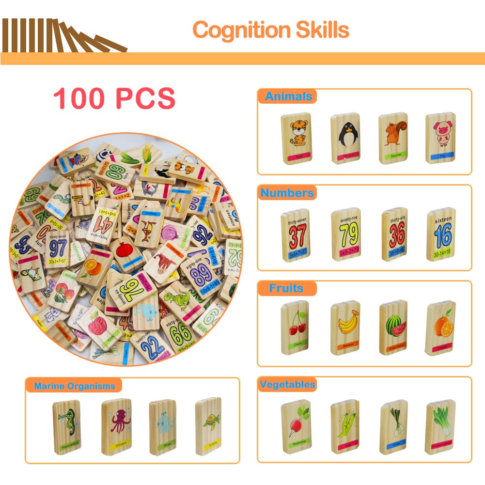 Akokie Wooden Toys Dominoes 100 Pcs Wooden Building Blocks Stacking Toys with Numbers Bag Storage for Kids 3 4 5 6 Years Old