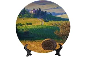 LIGUTARS Tuscany Italy Ceramic Decorative Plate, Tree Land Under Green Nature Ceramic Decorative Plate, with Vertical Stand Porcelain Plate, for Dining Table Tabletop Party Kitchen Home Decor Gift