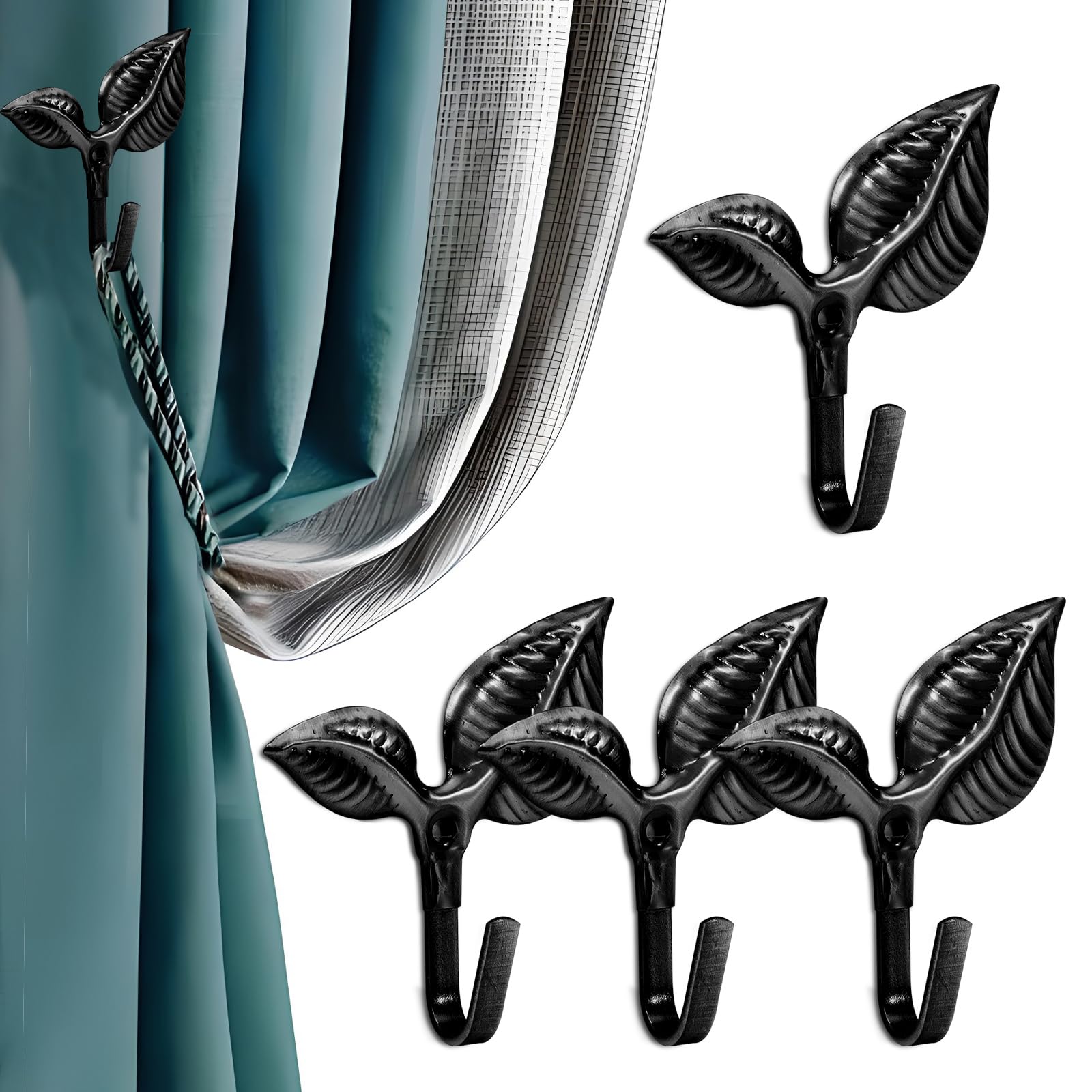 4 Pcs Metal Curtain Holdbacks, Curtain Hooks For Drapes Wall, Metal Decorative Curtain Tiebacks Hooks, Wall Mounted Window Drapery Tiebacks, Curtain Pull Backs (Black)