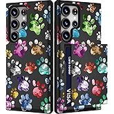 IWONE Compatible with Samsung Galaxy S25 Ultra Case Cute with Card Holder/Slim Wallet Phone Cover for Women/Colorful Doodle Paws Dog Craws Footprints Animal Watercolor