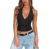 Women's Sexy Halter Tops for Women Summer Deep V Neck Mesh Ruched Tie Strap Backless Going Out Crop Top