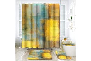 ArtSocket 4 Pcs Shower Curtain Set Teal Yellow Abstract Painting Contemporary with Non-Slip Rugs Toilet Lid Cover and Bath Mat Bathroom Decor Set 72" x 72"