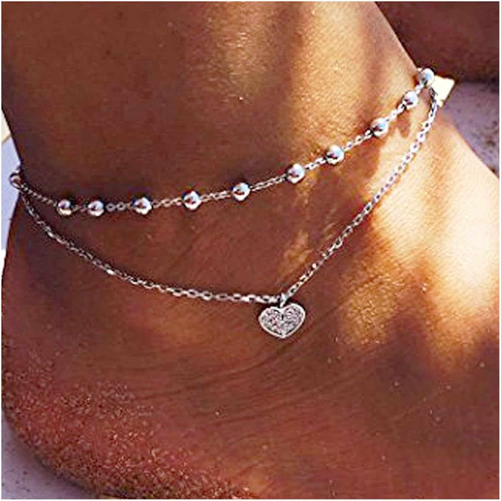 Boho Anklets Crystal Layered Ankle Bracelets Silver Beach Foot Chain Jewelry for Women and Girls (Set-11)