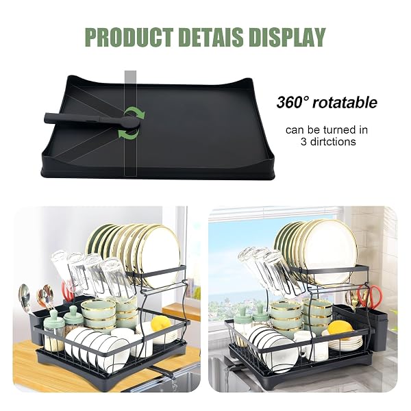 2-TIER DETACHABLE COUNTERTOP DISH DRYING RACK, PREMIUM CARBON STEEL, RUST RESISTANT LARGE CAPACITY DISH DRAINER WITH CUTLERY AND CUP HOLDER, BLACK