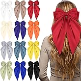 Hoteam 12 Pcs Silky Satin Oversized Hair Bows Bulk Big Hair Bows for Women Valentines Long Tail Large Bowknot Barrettes Galentines Barrettes Clips Ribbon Bow Accessories Gifts(Vibrant)
