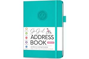 GoGirl Address Book – Telephone and Address Book with Alphabetic Tabs for Safely Storing Contacts, Medium-Sized (5.0″ x 7.5″) PU Leather Hardcover – Turquoise