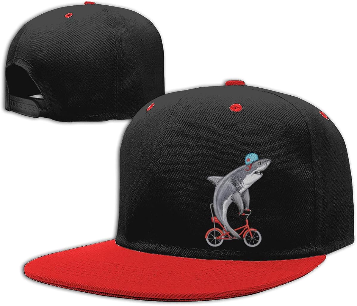 AiguanCute Shark On Bike Flat Visor Baseball Cap, Cool Snapback Hat Red