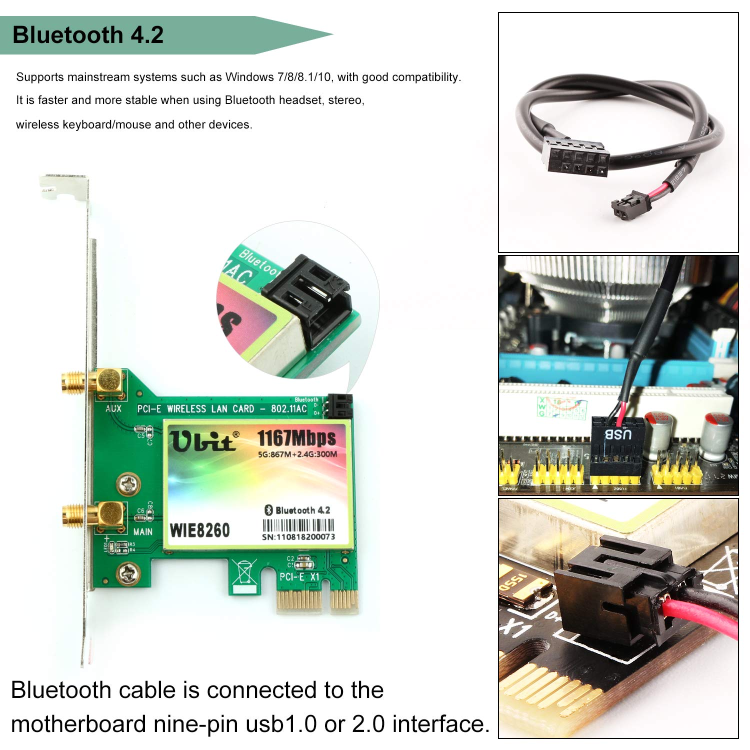 Ubit Bluetooth WiFi Card DualBand 600Mbps PCIe Express Bluetooth