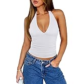 REORIA Womens Halter Tank Tops Double Lined Basic Cami Shirts Sexy Backless Y2K Trendy Going Out Tops