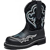 Pumalar Western Cowboy Boots For Women Mid Calf Womens Western Boots Embroidered Design Rubber Outsole Slip-On Wide Toe Perfect For Pairing With Jeans & Skirts