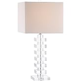 JONATHAN Y June 28" Geometric Stacked Crystal Table Lamp, Clear | White Linen Rectangle Shade, Chrome Metal Finish, Modern Glam Bedside Light, LED Bulb Included, Rotary Switch, UL Listed