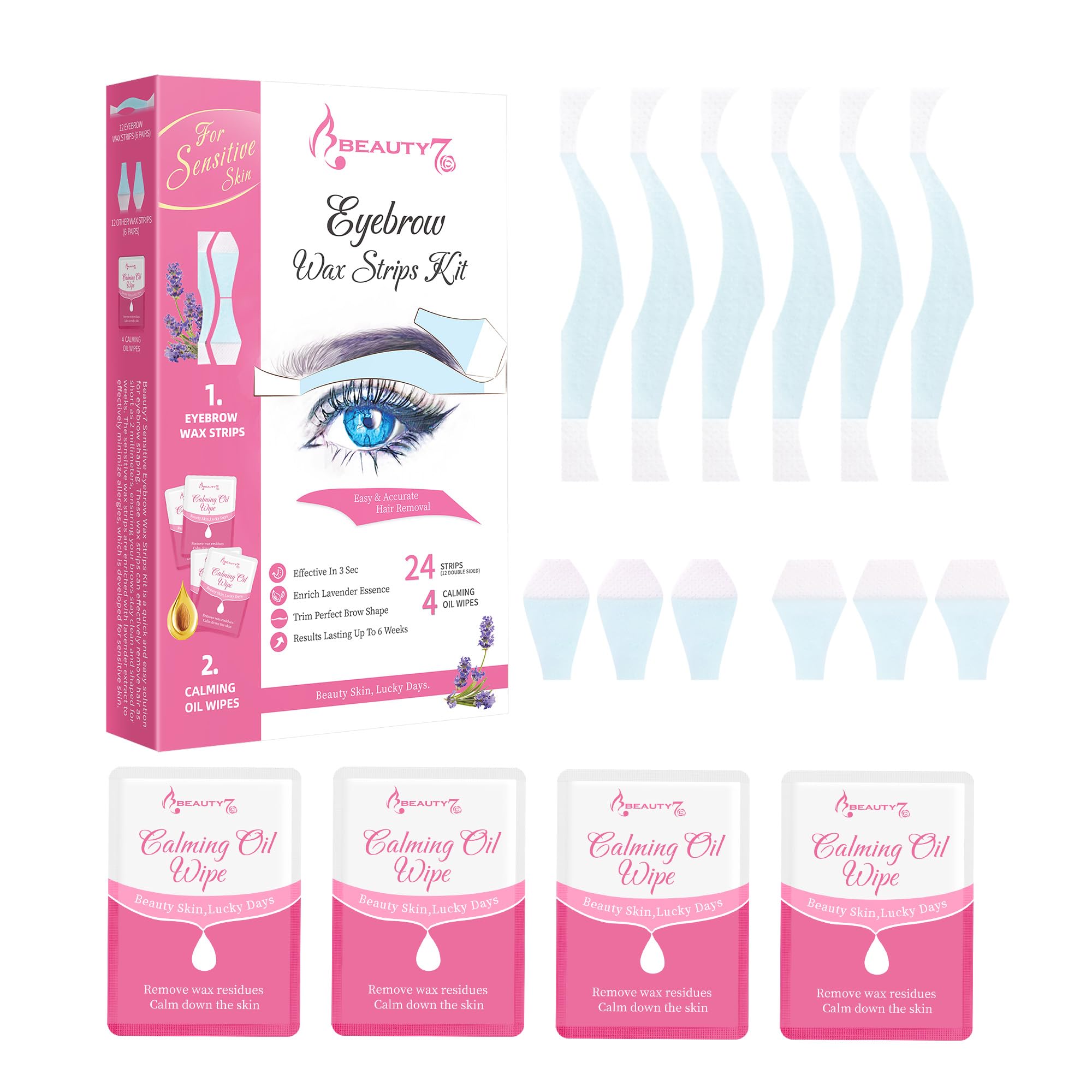 Facial Wax Strips Kit for Eyebrow Hair Removal - At Home Waxing 24 Strips with 4 Calming Oil Wipes for All Sensitive Skin Types Women - Lavender