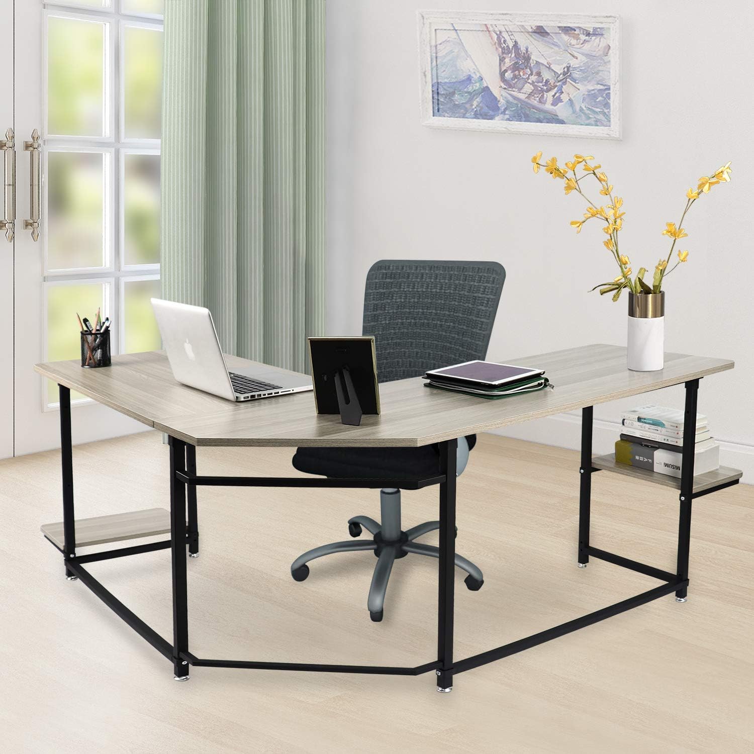 Sigetree Modern L-Shaped Desk Corner Computer Desk PC Laptop Table Wood Workstation Home Office Furniture,with Reversible and Adjustable Bookshelves & CPU Stand(Light Grey)
