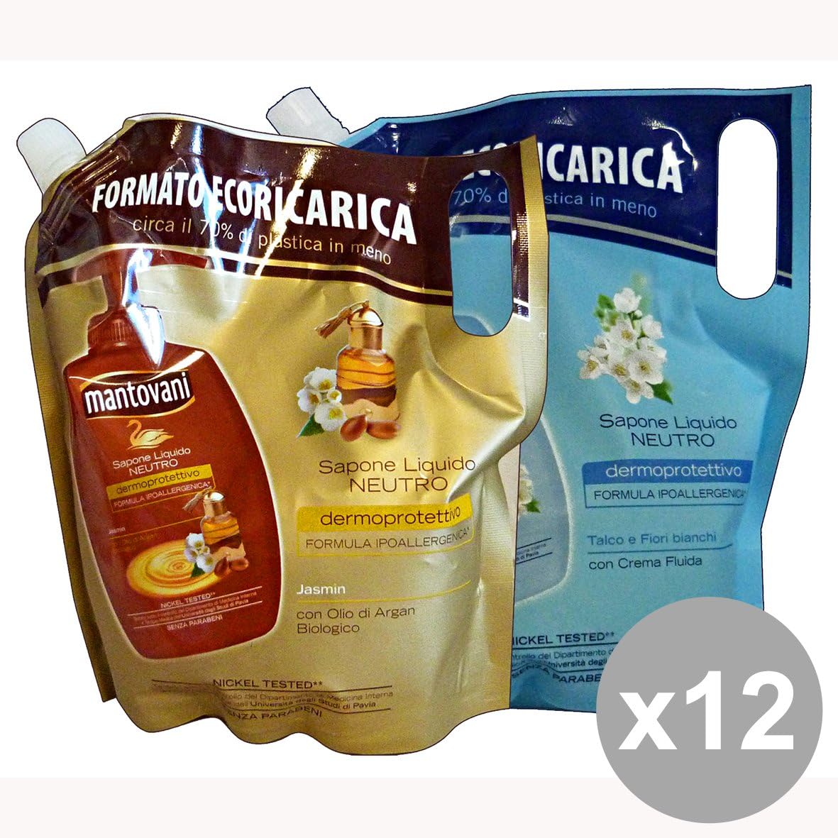 Set of 12 Mantovani Liquid Soap Bag Charging Talc and Argan 750 ml. Soaps And Cosmetics