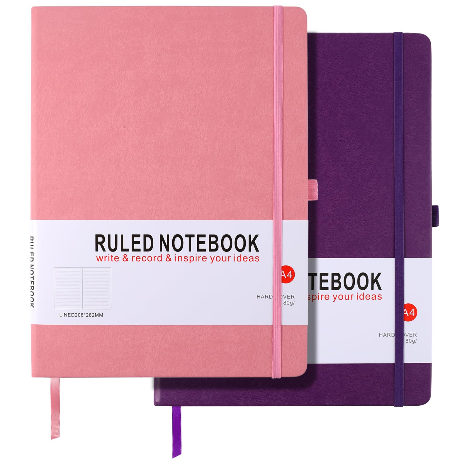 2 Pack Notebook A4 Lined Journal Notebook Hardcover Notepad with Bookmark Composition Notebooks, Pen Loop, and Elastic Closure, Note book for Women Men Work Office School, 8.3" X 11.35"，(Purple+Pink) — image 1