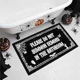 Rtteri Halloween Bathroom Rug Please Do Not Summon Demons in The Bathroom | Funny Black Gothic Doormat with Non Slip Backing, 17 x 27 Inch, Summon Demons Mat for Halloween Holiday Home Decor