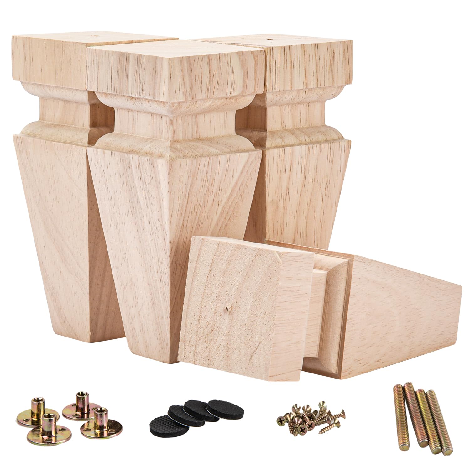 La Vane 6 inch / 15cm Wooden Furniture Legs, Set of 4 Solid Wood Carved Geometry Unfinished Replacement Bun Feet with Mounting Plate & Screws for Sofa Cabinet Couch Table TV Stand